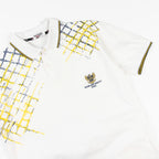 Polo vintage Reebok con grafica gialla e blu e logo Indonesian Embassy Roma sul petto